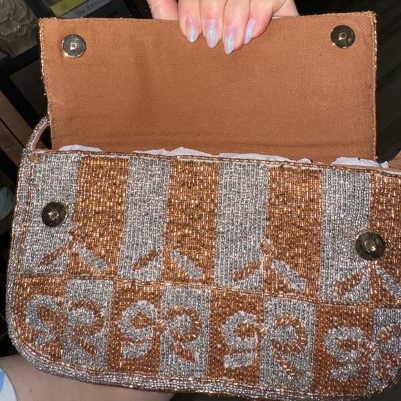 Anthropologie Fiona beaded shoulder bag bows metallic bronze mixed coquette - Picture 7 of 7